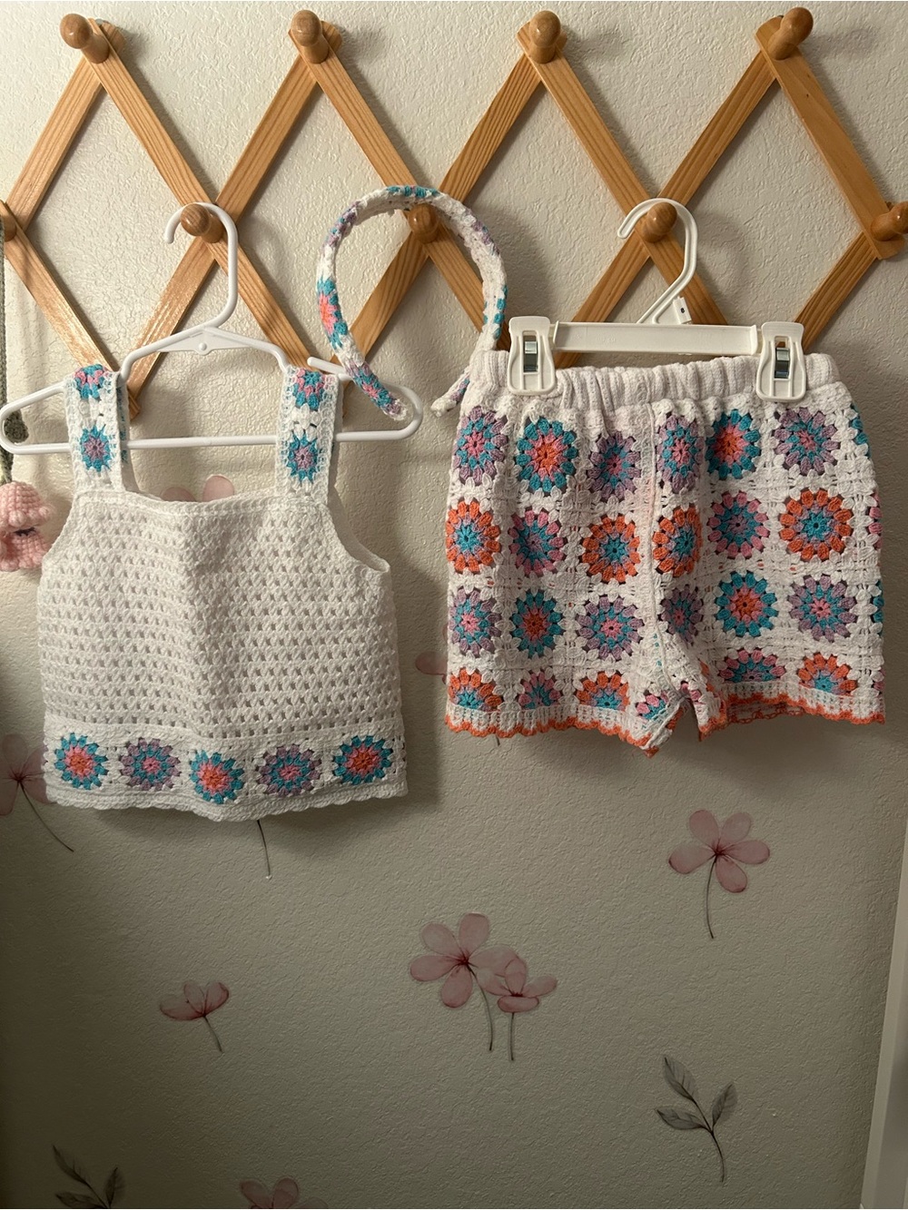 btween White Crochet Sweater with Teal and Lavender Accents